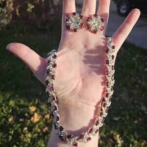 Vintage Francois Costume Jewelry Red & Clear Stone Necklace Earring Set